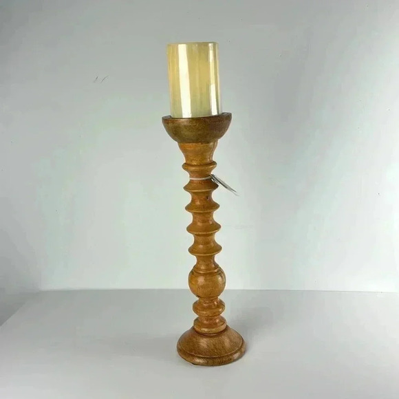 Wooden tall candle holder from India with a Martha Stewart lighted candle - Picture 5 of 5